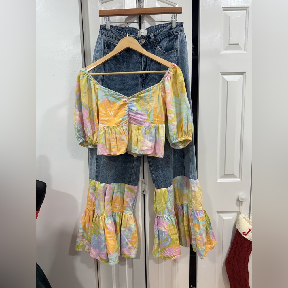 Billabong Colorful Boho Top and Denim Pants Set hand made Size: top S | pants 29